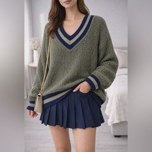 REVOLVE525  100% cotton Olive Varsity V-Neck Sweater with Navy Accents